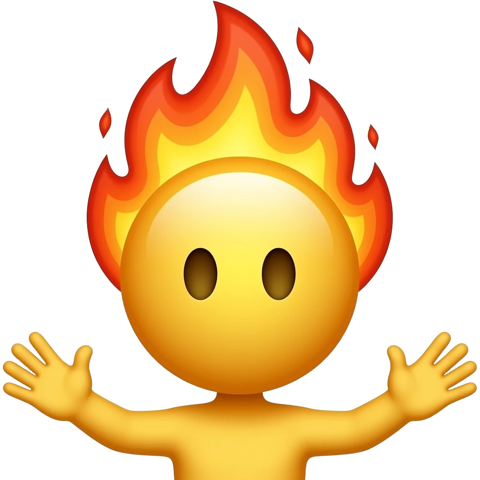 Sorry, the last image was far better. This has undesired torso and arms, without the whole head on fire. Please, classic yellow emoji, entire head in flames, no body or arms, from behind, hands out to its side in the reverse of the previous image. emoji