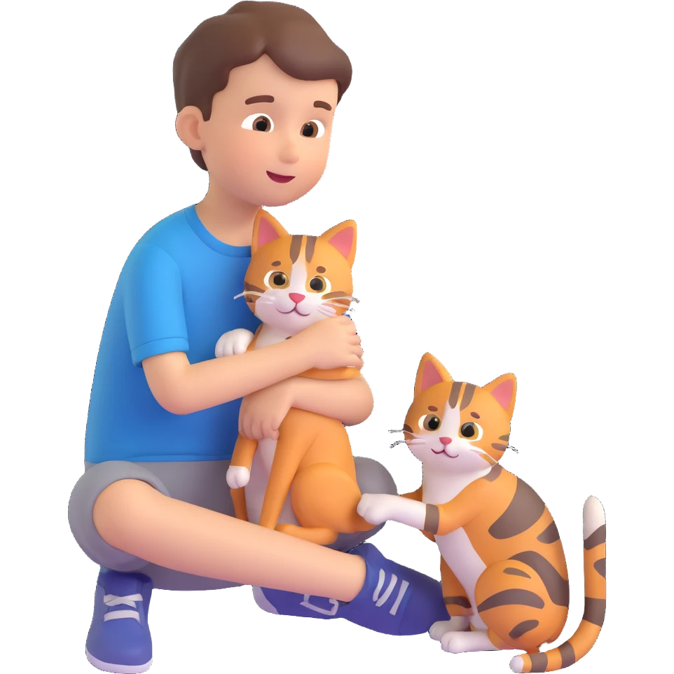 boy and cat pet in forrest background, close up pose emoji