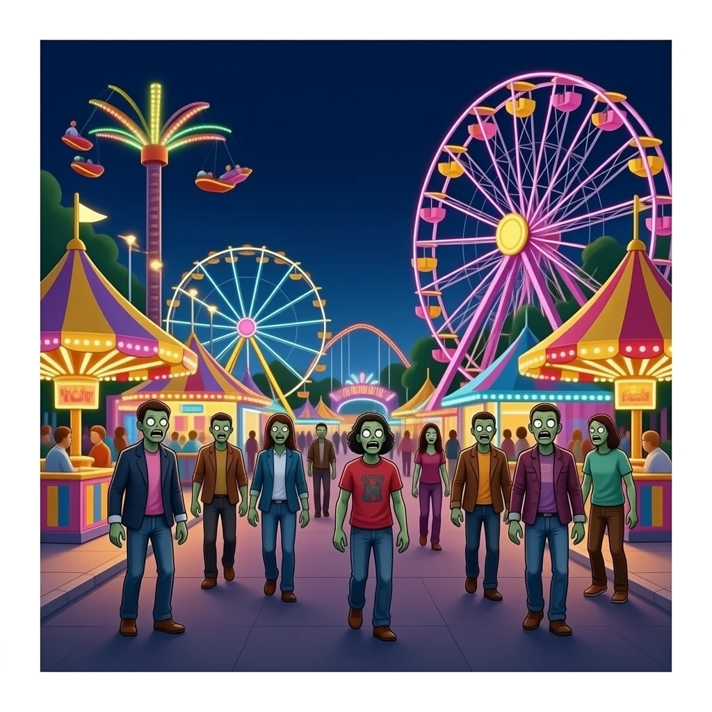 Amusement park lit up at night with zombies emoji