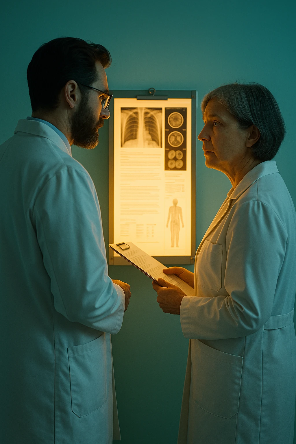 Realistic, detailed photo taken from behind of two doctors—a bearded man and a middle-aged woman—standing and facing each other as they discuss a diagnosis in front of a medical chart. The scene is illuminated by a yellowish, orange, warm light that softly envelops the doctors. The entire room is bathed in a single green-blue color, creating a cohesive and modern atmosphere. Both doctors wear white coats, and their body language suggests a serious, professional conversation. Shot with a Canon EOS R5, with high detail and natural depth of field. emoji