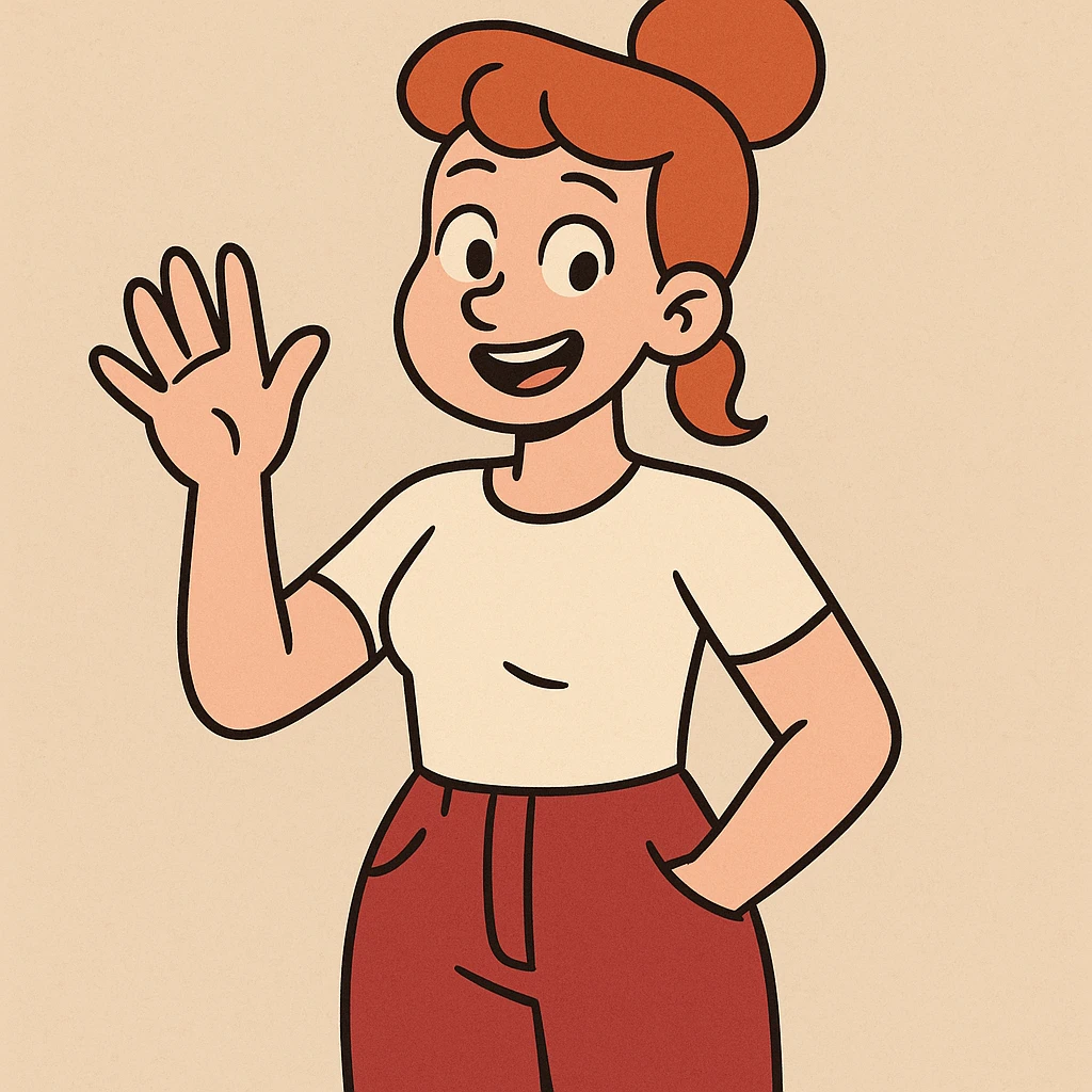 Girl dark orange hair bond hairstyle women's white t shirts pockets red trousers a hand hello  emoji