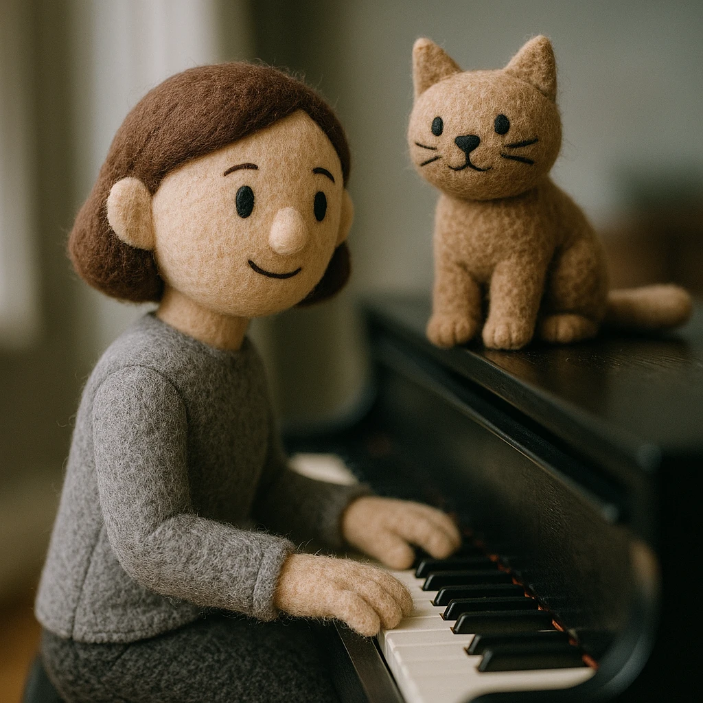 woman playing piano while her cat sits on top of the piano emoji