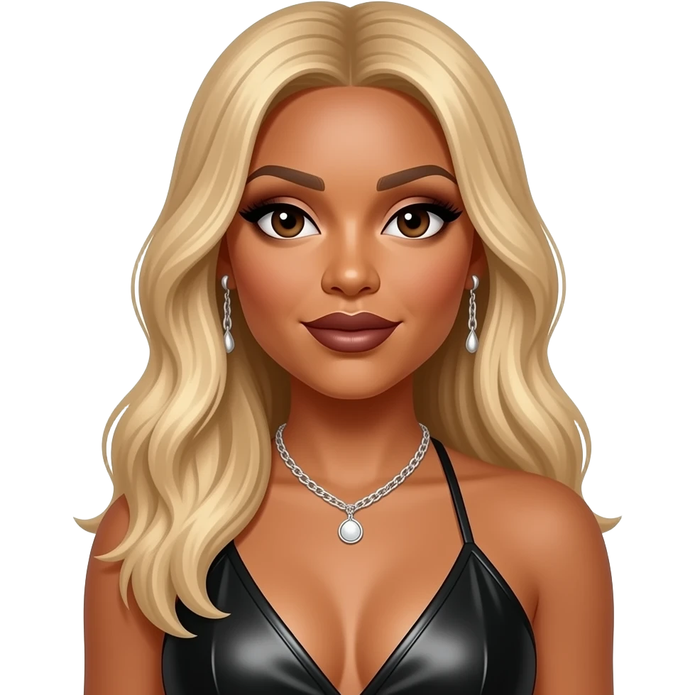 Tamar Braxton with dark brown eyes, long blonde hair, ivory eyeshadow, dark brown lipstick, black metallic halter dress, silver necklace and earrings emoji