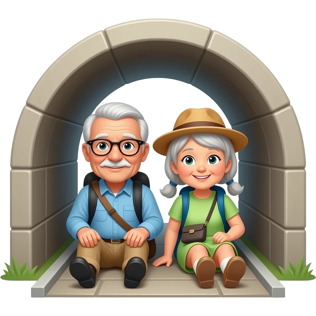 tee kuva, jossa kaksi iäkästä turistia makaa tunnelissa emoji