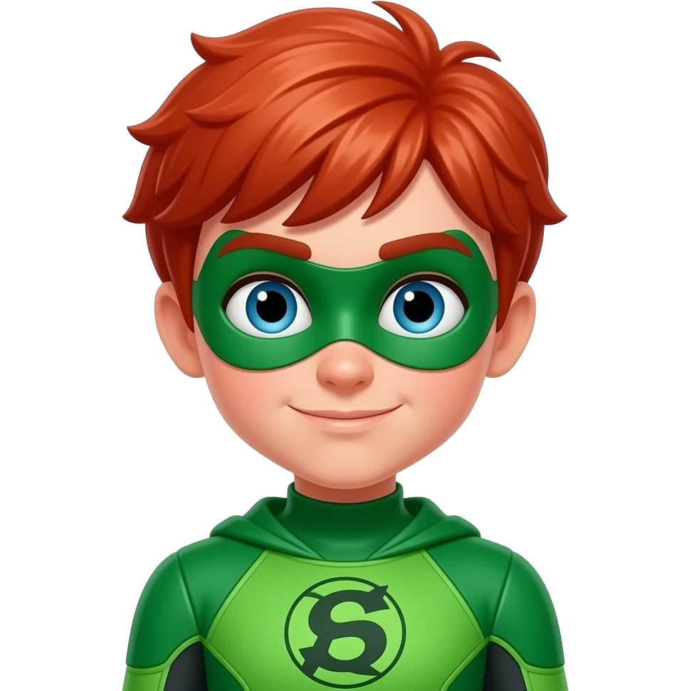quiero que me hagas a un superheroe con el pelo pelirrojo mascara verde i con un traje verde que sea un adolescente emoji
