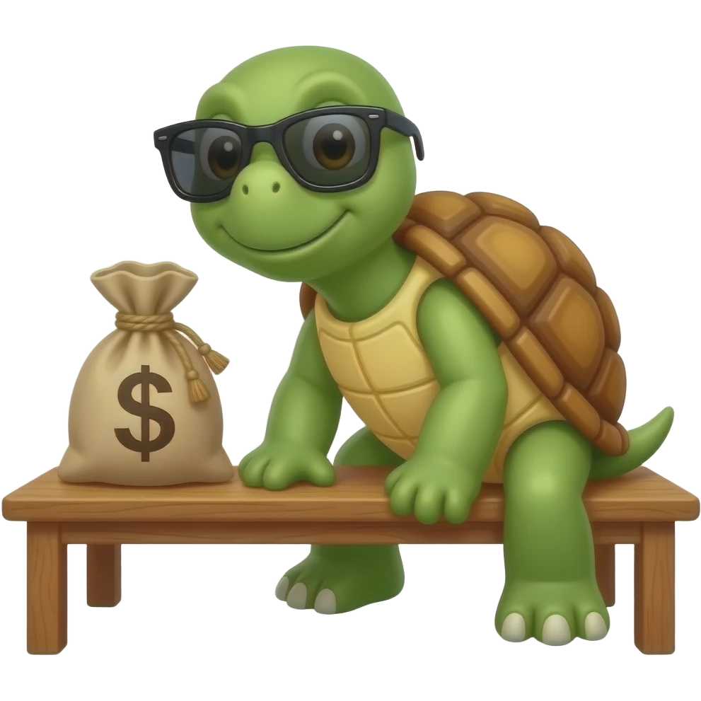 A turtle with sunglasses sitting next to a bag of money emoji