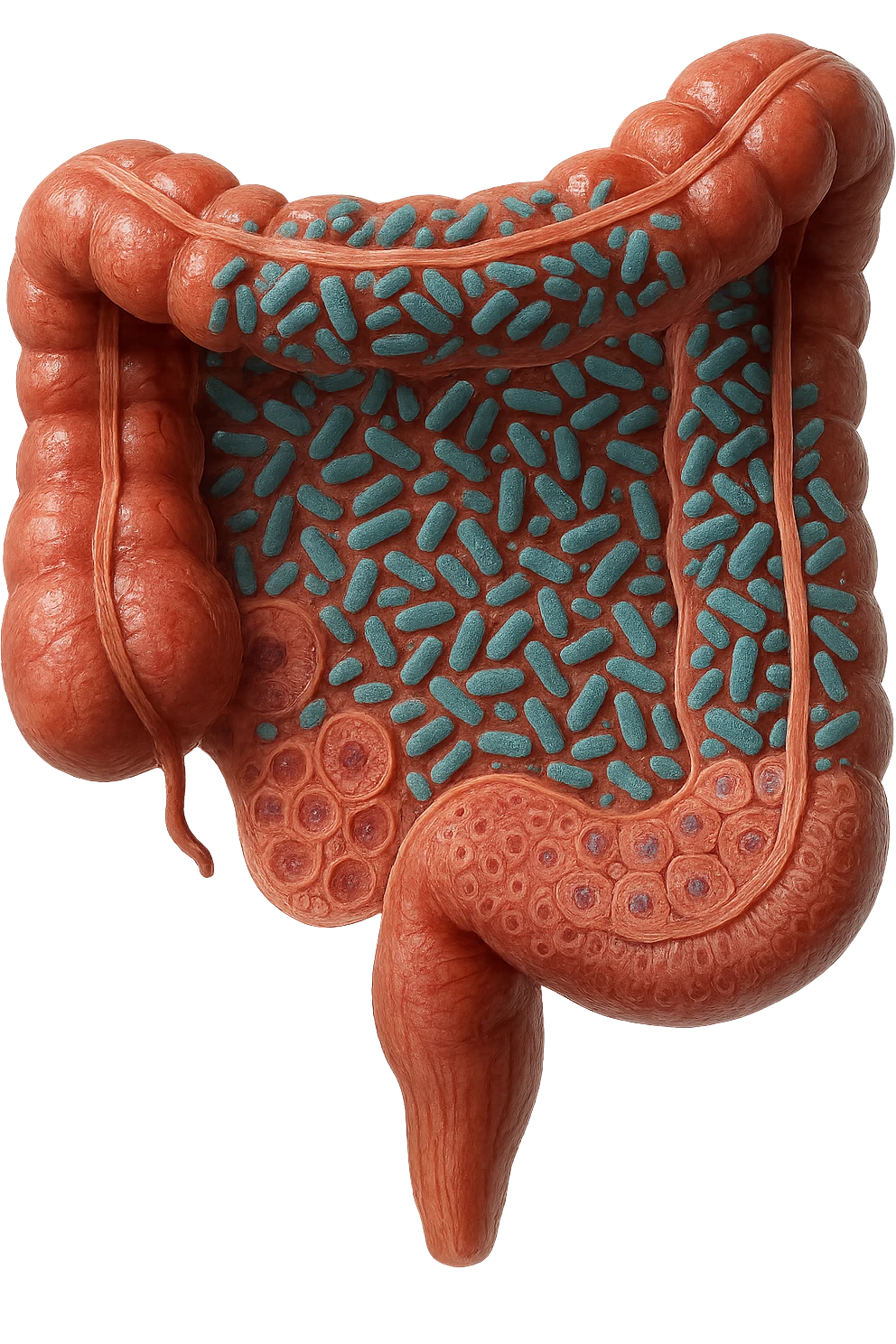 COLON DI UN INTESTINO UMANO ANATOMICO CON ALL'INTERNO PIENO DI BATTERI INTESTINALI, IPERREALISTICO 4K emoji