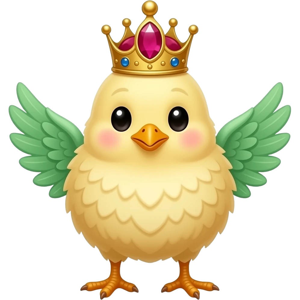 Hatched chick emoji with green wings and a ruby-embedded queen's crown on top emoji