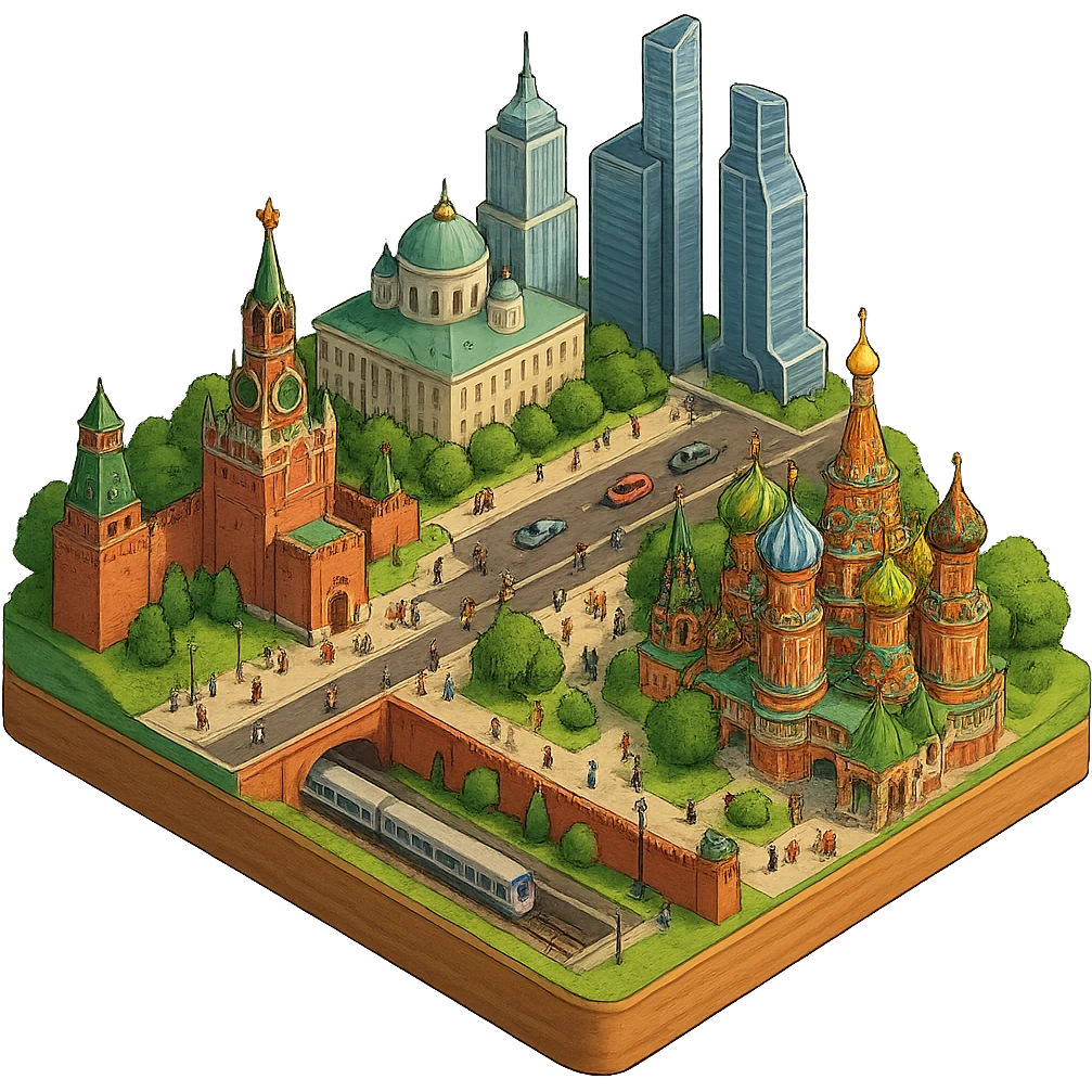 Изометричная миниатюрная 3D модель Москвы на подставке - фотореалистичный Кремль, собор Василия Блаженного, фотореалистичный Башни Москва-Сити, аккуратная детализация, четкие линии, яркие цвета, мультяшный реализм, гуляют люди и современный автотранспорт и метро, компактная композиция, вид сверху в изометрии, прозрачный фон emoji