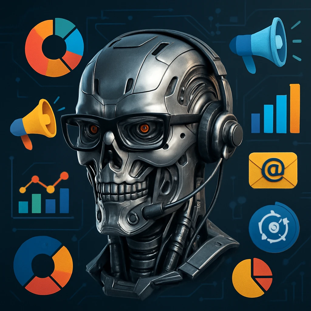 A metallic Terminator head with glasses and a headset, surrounded by marketing icons like graphs and megaphones, representing a marketing manager emoji