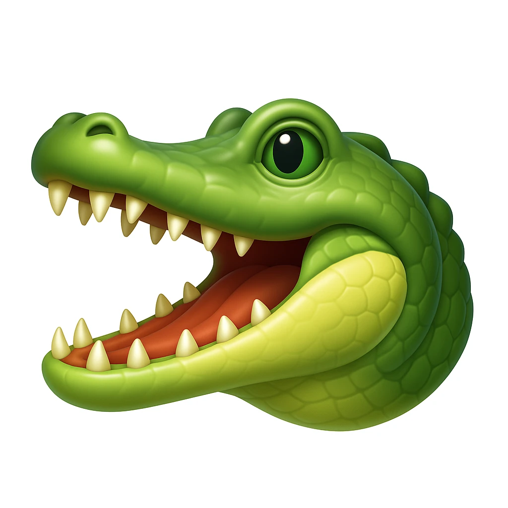 Create a crocodile emoji that looks exactly like the reference image in iOS emoji style. The emoji should be 3D with shiny, smooth gradients, soft shadows, and a realistic crocodile head with green scales and an open mouth, capturing the classic emoji look. Add a glossy effect to the scales. emoji