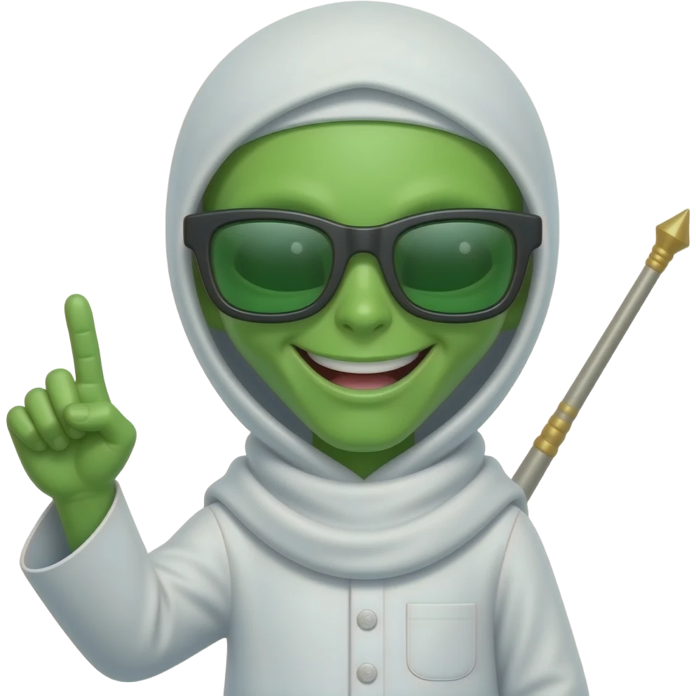 Green Alien smiley teeth  ,alien nose ,face with black sunglasses with green reflection sunglasses and Muslim white cloths (Wand pointing his finger up emoji