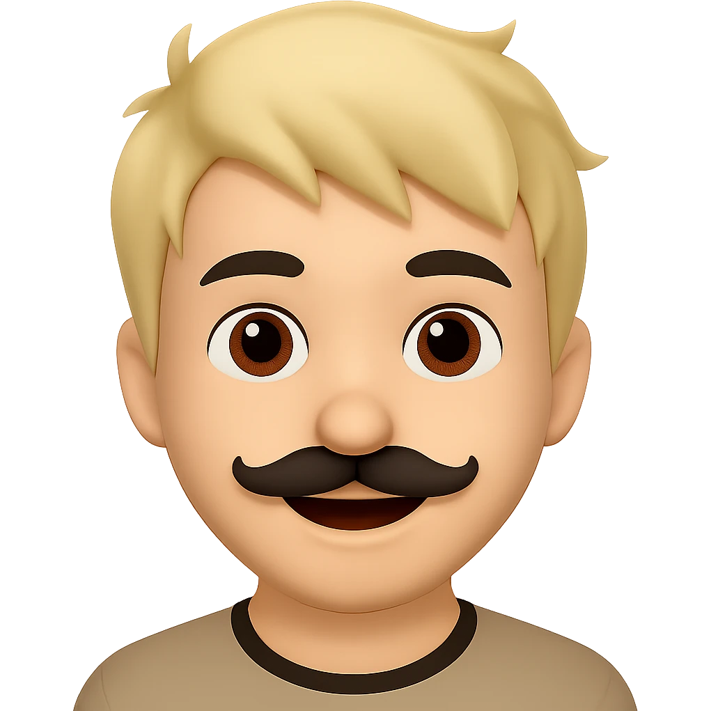 Make the mustache smaller, keep short messy blond hair, emoji style, preserve transparent background, smiling. The style should resemble apple style emojis with concise prompt focus. emoji
