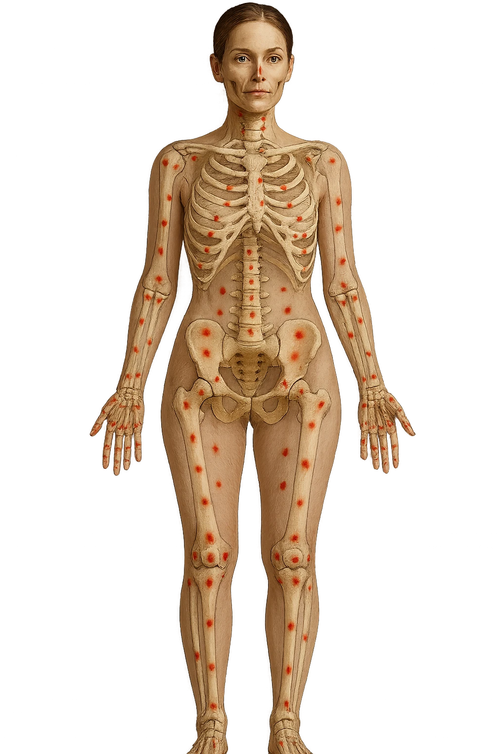 corpo umano anatomico di una donna affetta da fibromialgia, red spot sparsi sulle sue ossa, iperrealistica 4k emoji