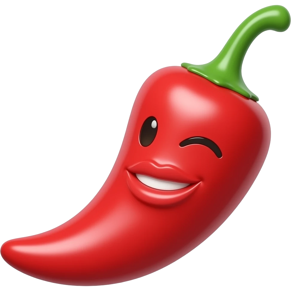 A cute 3D red chili pepper emoji sticker with a wink, glossy lips, and confident smirk, spicy but safe, clean white background, soft shadow, no text, no watermark emoji