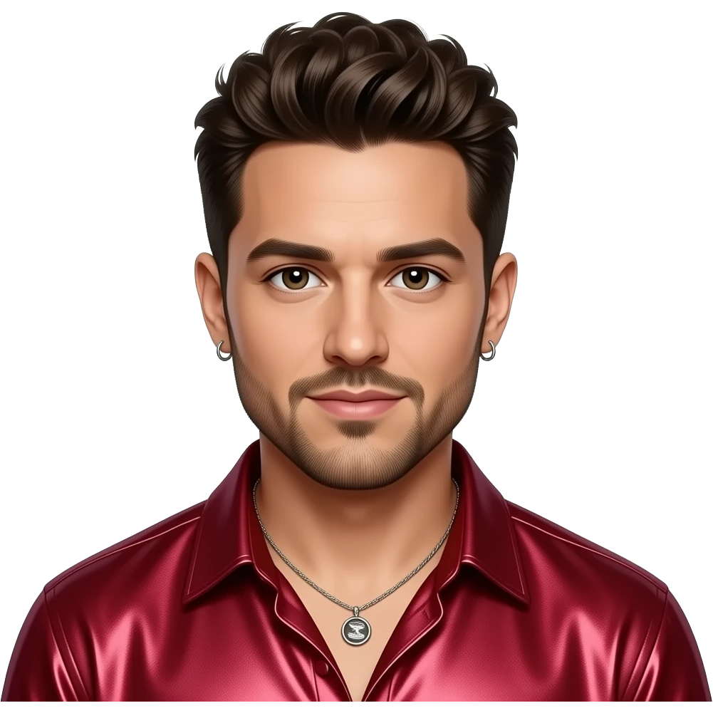 Joey Fatone from NSYNC with brown eyes, dark brown 90s pineapple hair and short beard, ruby red metallic shirt, necklace and earrings emoji