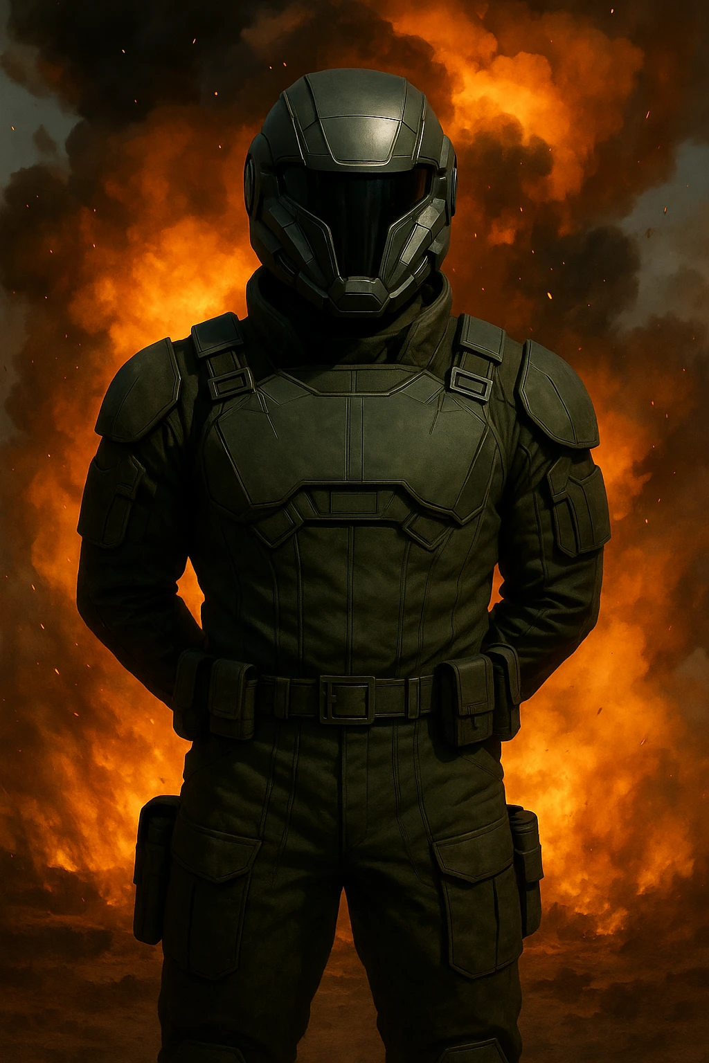 Add a sci-fi helmet to the man, keeping the dark green military fatigues and warzone background with explosions and flames. The style should maintain a realistic and intense warzone atmosphere with detailed explosions and flames in the background. emoji