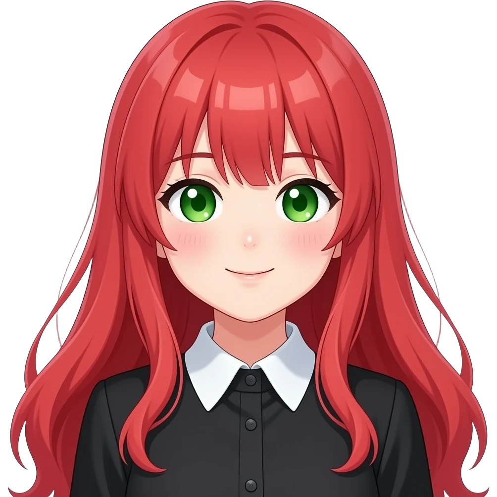 anime girl blowing smooch  red hair green eyes black blouse with white collar emoji