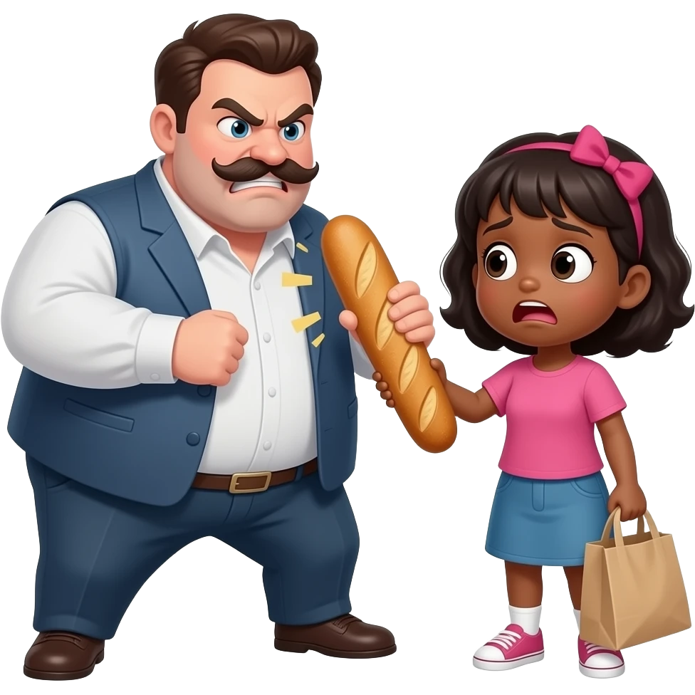 Fat French mustache man who is angrily hitting a scared black girl with a baguette emoji