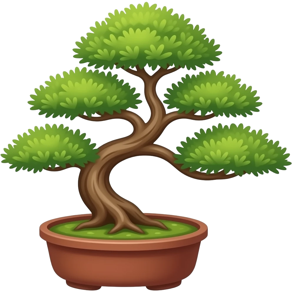 A short bonsai developing horizontally in a short red clay vase. Simple SVG low poly style emoji
