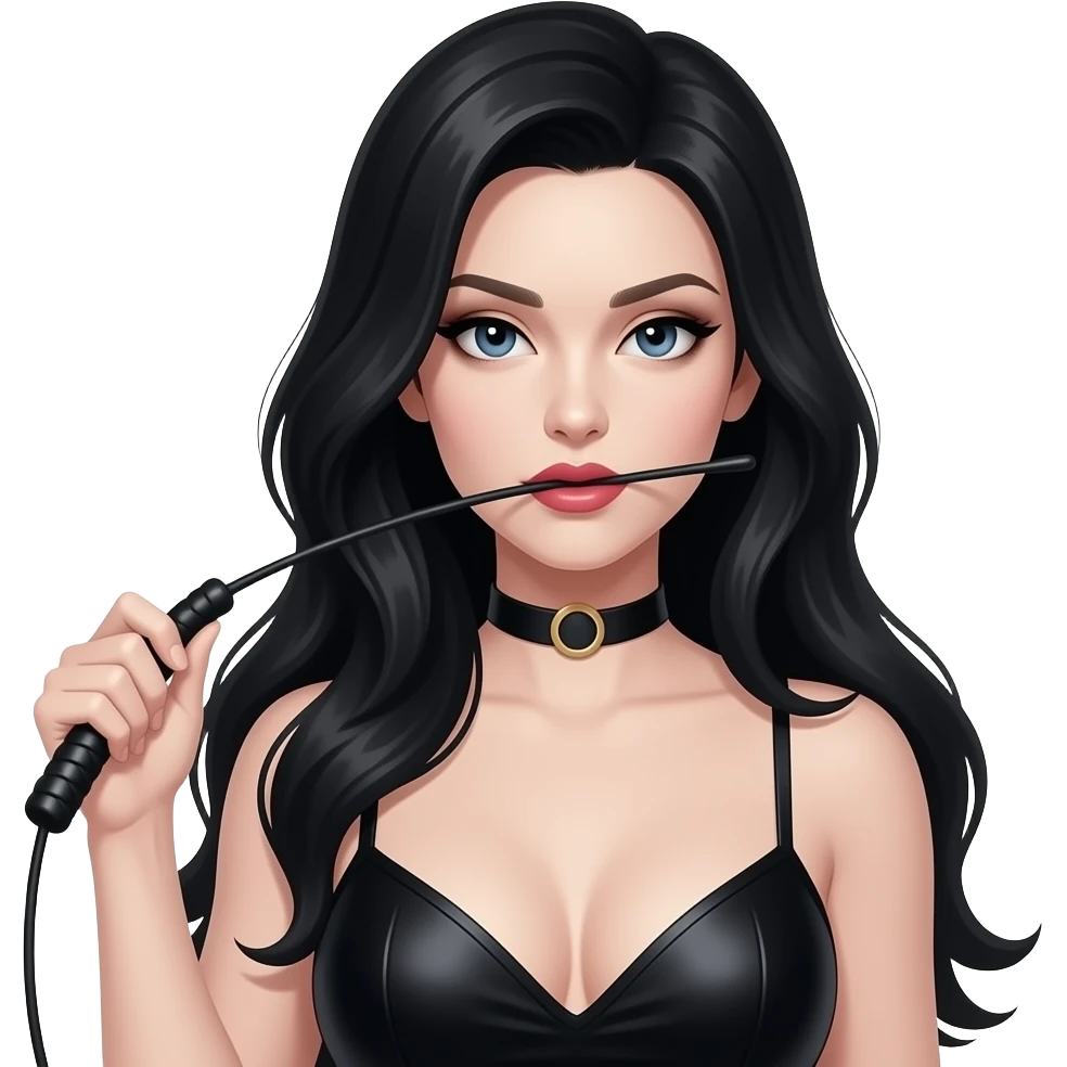 Long black hair woman, white skin colour, with a sexy whip in her hand. Like dominatrix emoji