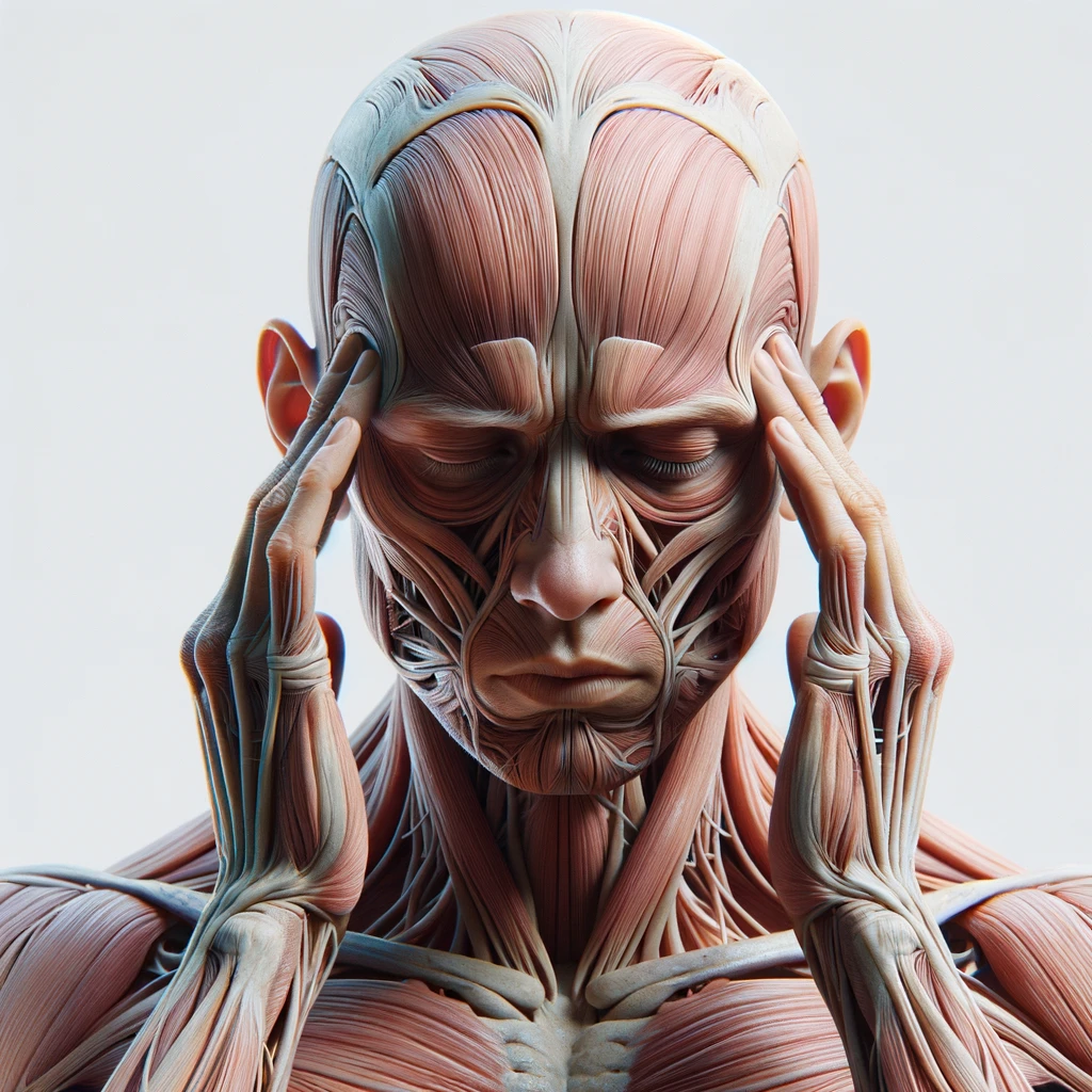 corpo umano anatomico con espressione stanca e stressata in volto, si tiene le dita sulle tempie per calmare il mal di testa, iperrealistico 4k, isolato su sfondo bianco emoji