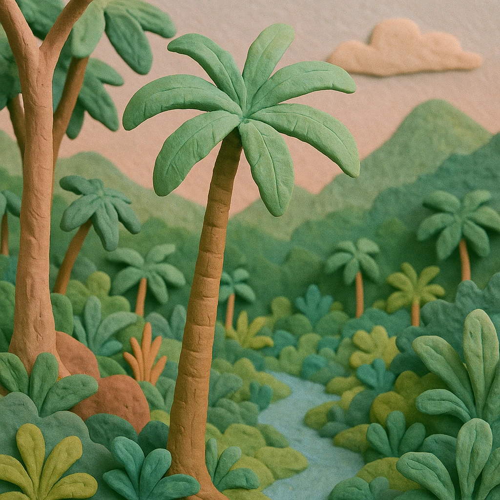 El Yunque rain forest with soft pastel colors and visible texture in claymation style emoji