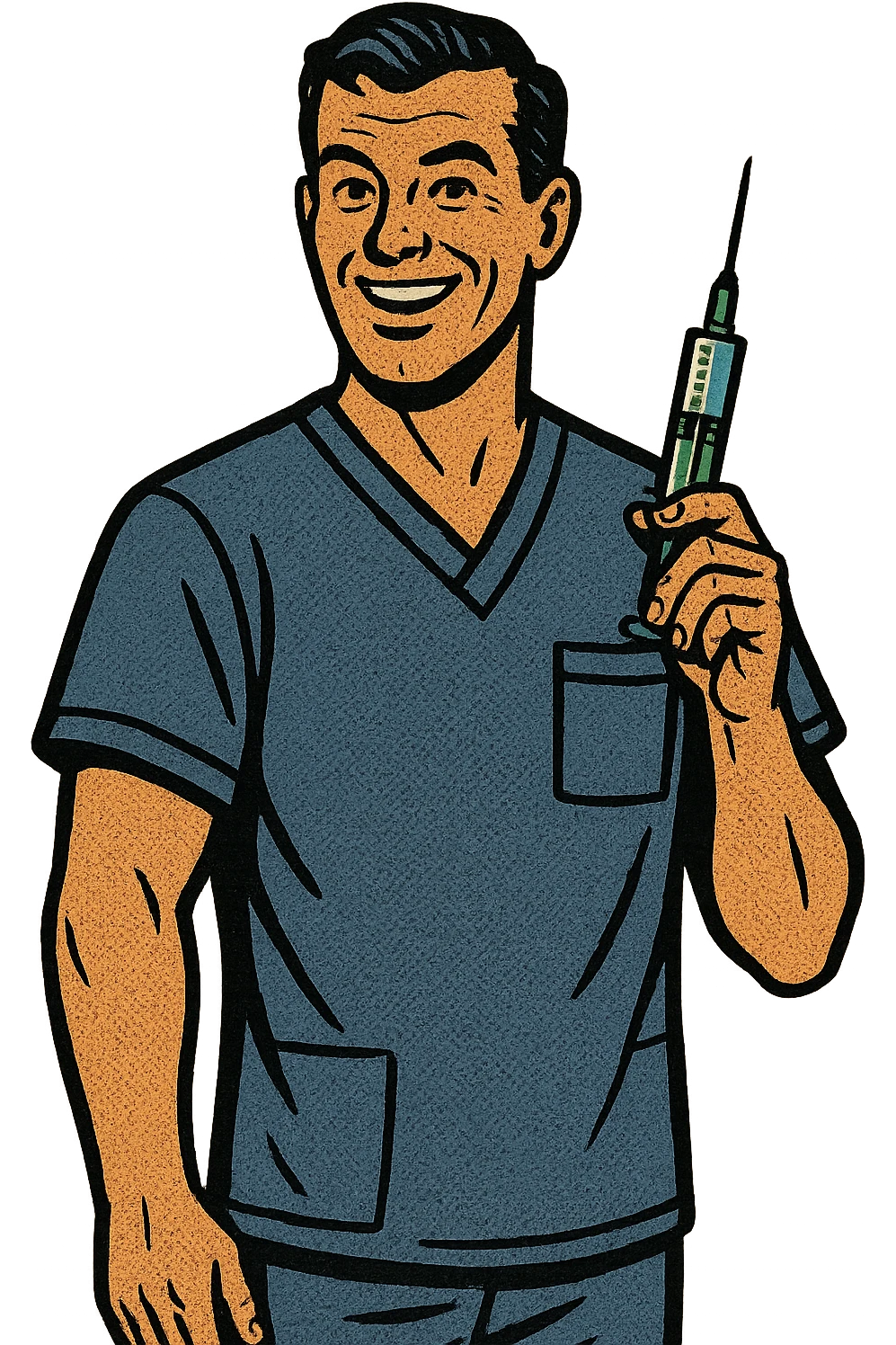 A full body of a friendly male nurse who is holding a vaccination syringe close to his body emoji