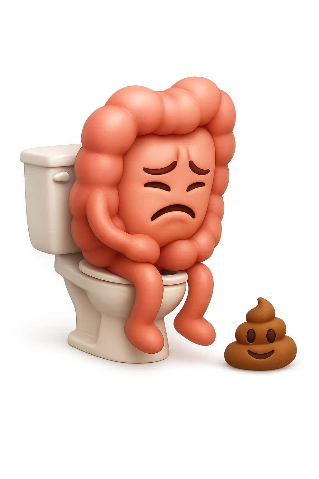 EMOJI STILE IPHONE 3D DI UN INTESTINO CHE sta seduto sul wc e davanti ha una montagnetta di feci a palline stile emoji iphone, fallo senza naso e FAGLI UN ESPRESSIONE di dolore mentre si sforza E FALLO MOLTO REALISTICO IN 3D emoji