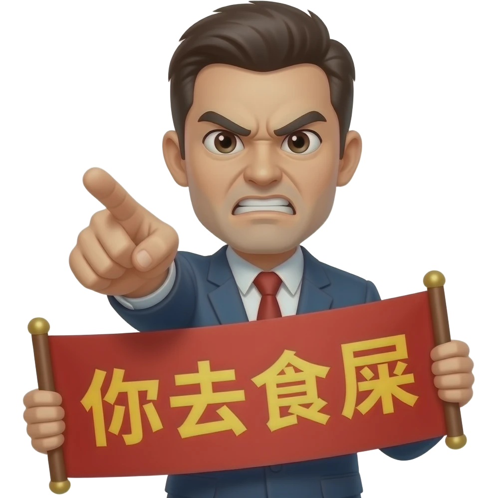 An angry man left hand pointing you with a chinese banner"你去食屎" emoji
