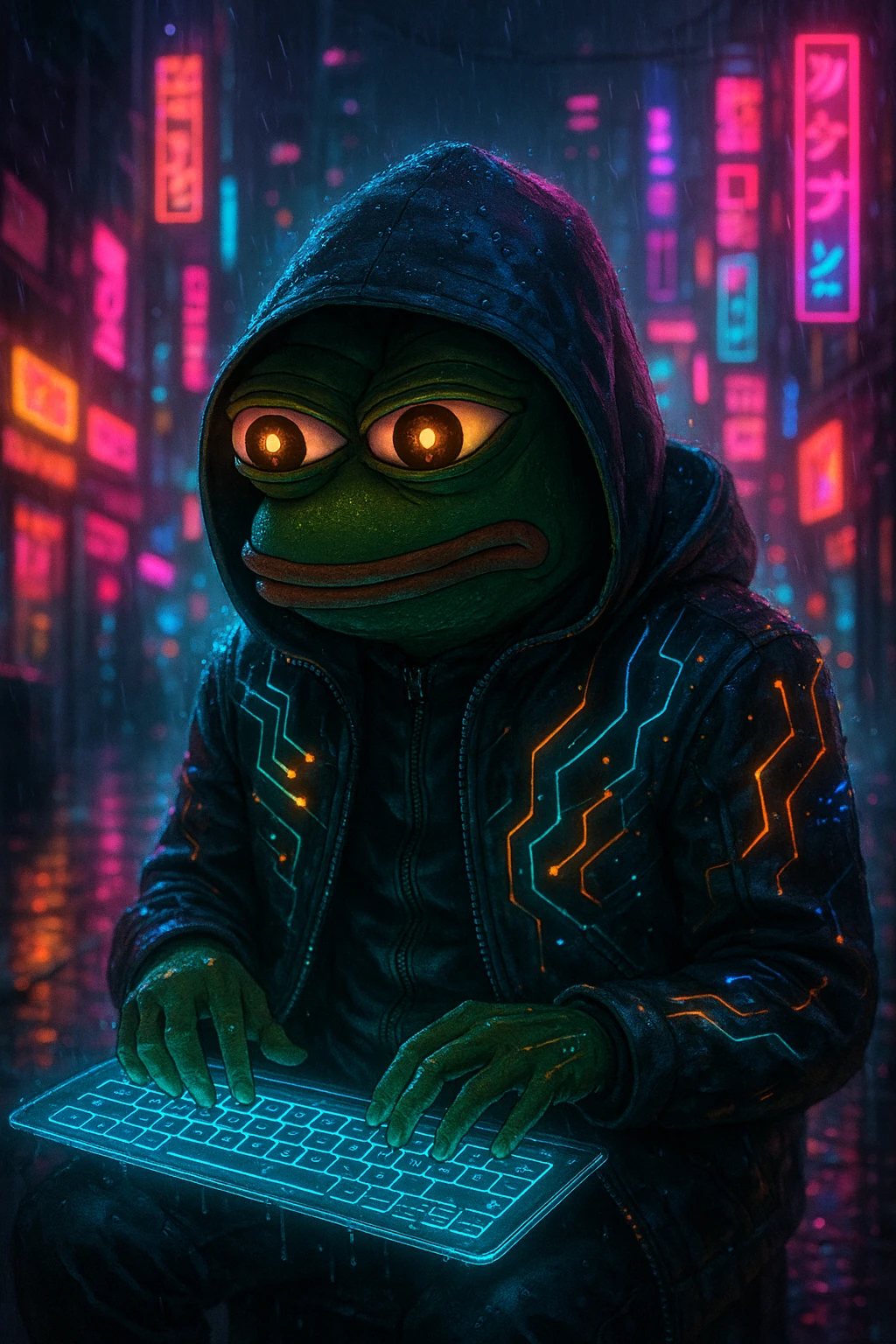 Pepe the Frog as a cyberpunk hacker, neon lights, futuristic city emoji