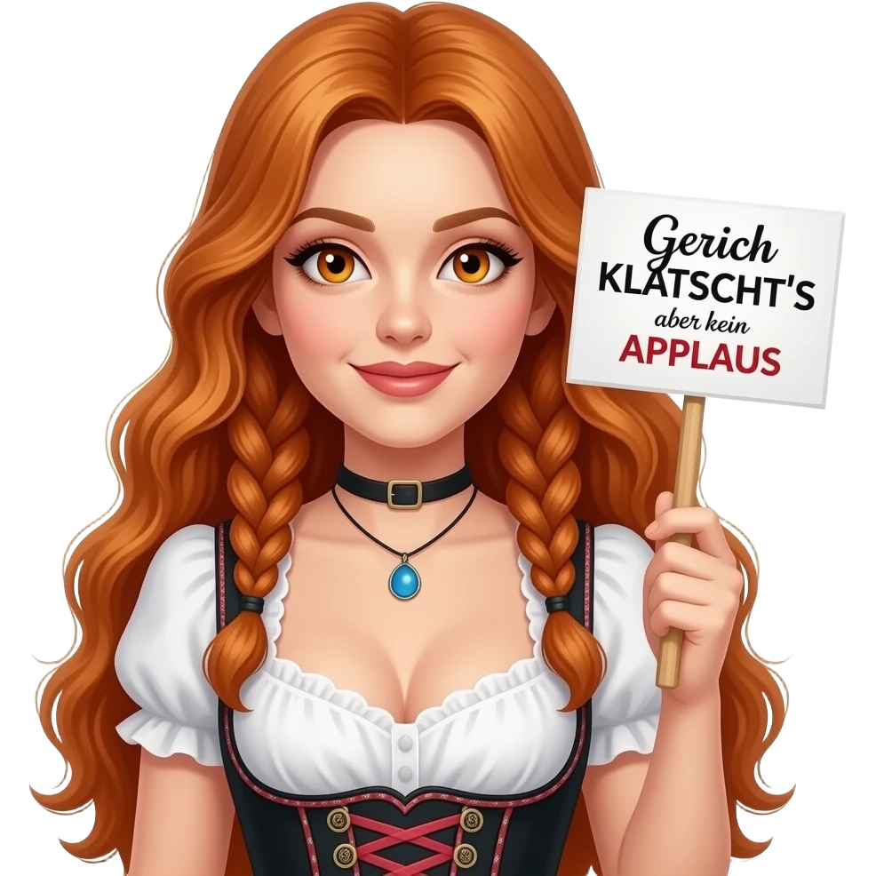 sexy girl with overlong ginger hair in braids and ginger eyes wearing a dirndl holding a Gleich KLATSCHT'S aber kein APPLAUS sign emoji