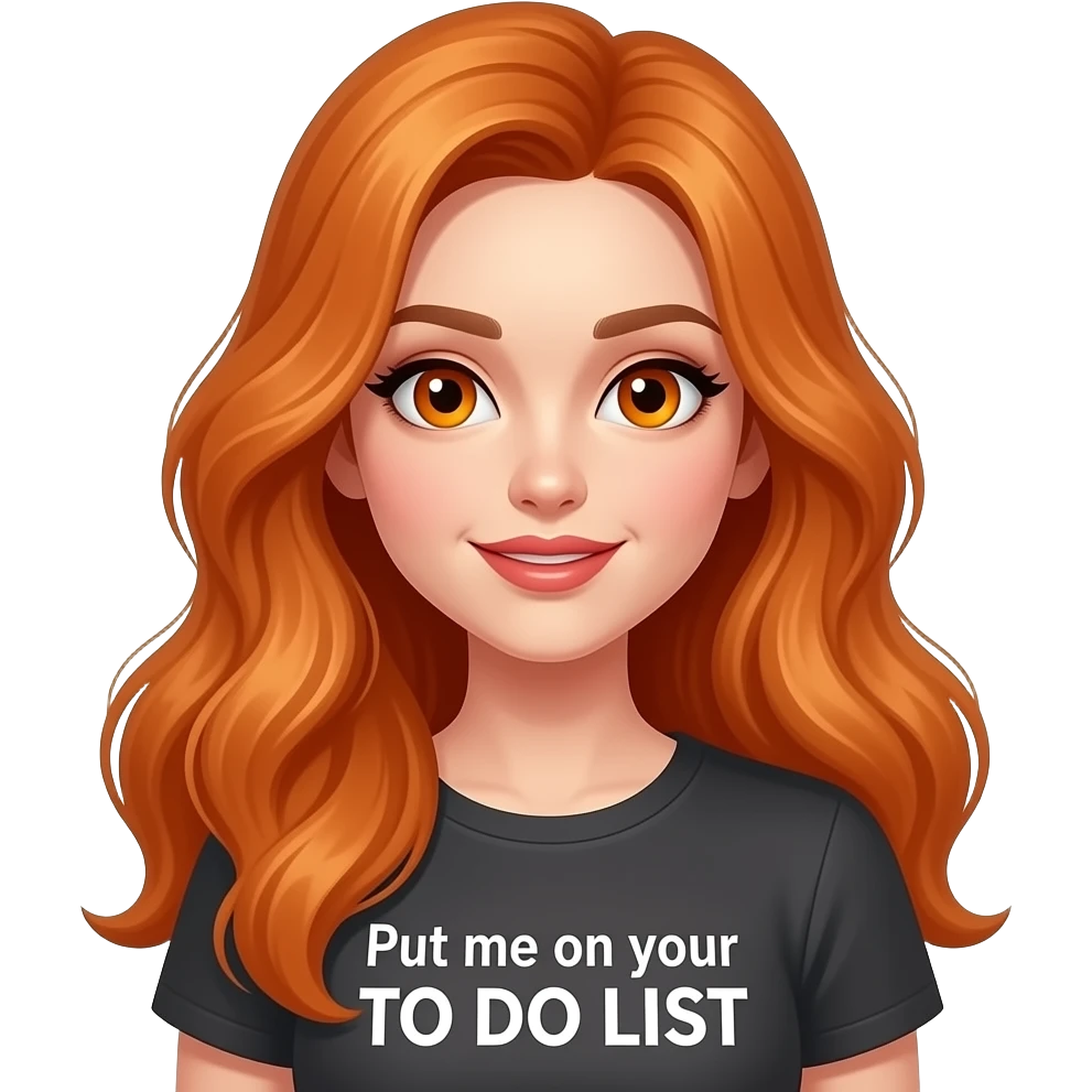 sexy girl with overlong ginger hair and ginger eyes a top with Put me on your TO DO LIST written on it emoji
