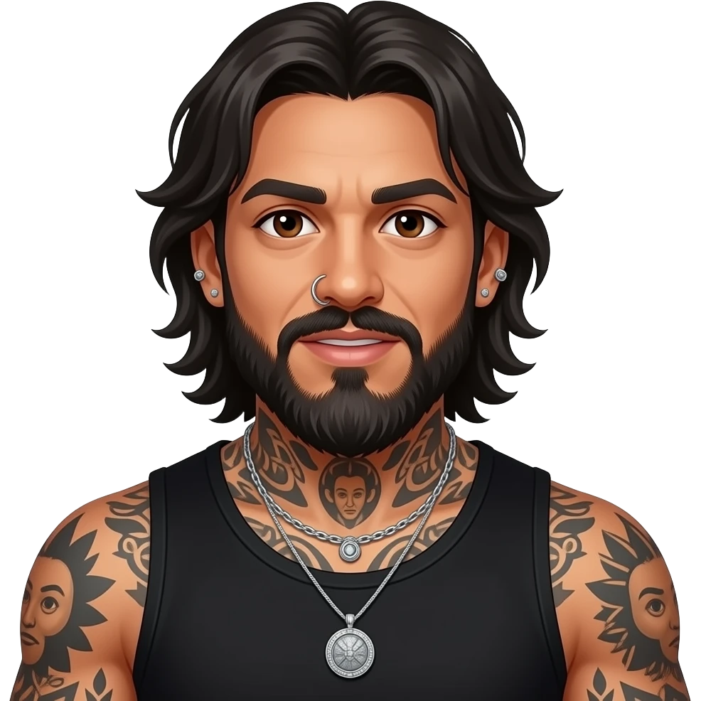 The handsome manly Latino podcast host with medium length hair, a long slightly graying beard and tattoos with his ears pierced 1 time each ear and a nose ring on the right side, dark brown eyes, wearing black, and jewelry, and he’s super drunk emoji