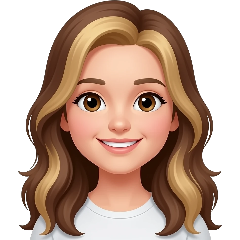Un emoji donde la chica sea risada con el cabello largo color castaño y con las puntas rubias ojos café oscuros y sonrisa suave emoji