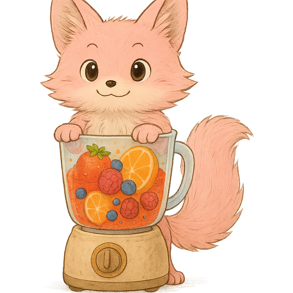 Regenerate as a visually clear, full-body Ghibli-style pastel pink blender fox. Show the entire fox from head to toe, including all four paws and the full blender base. Keep the high-quality, detailed, joyful look, with a transparent body filled with vibrant fruity smoothie, sparkling expressive eyes, and a sweet, joyful expression. Transparent background. emoji