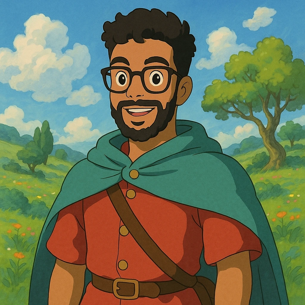 austincredible as a Ghibli-inspired hero with whimsical background emoji