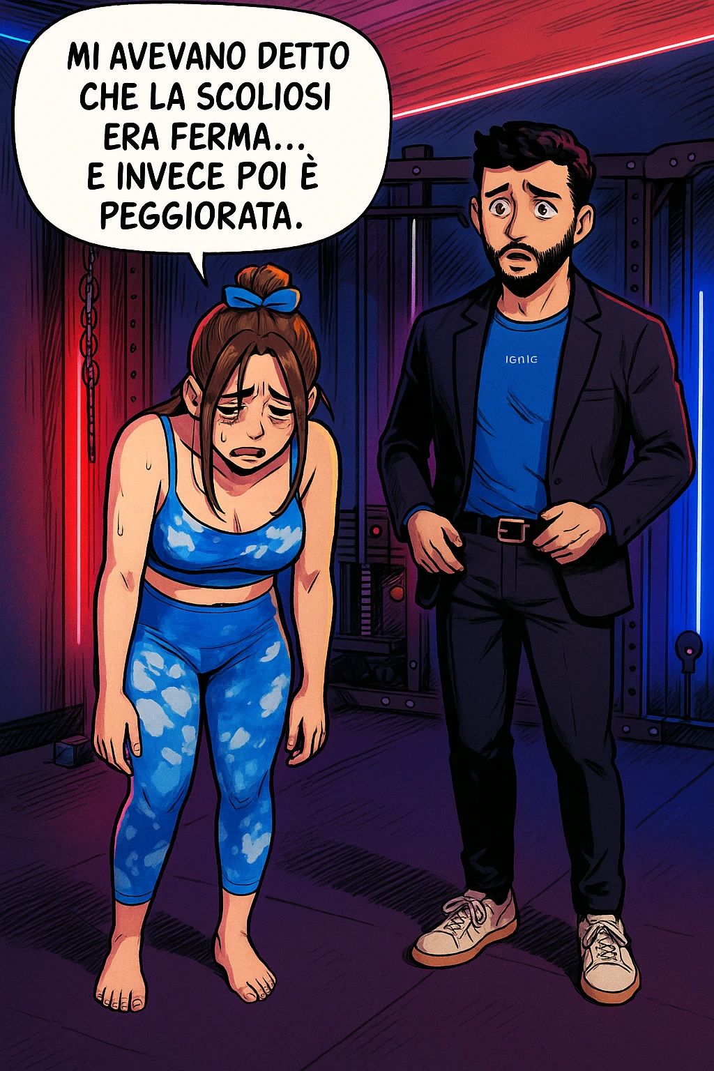 fai questa immagine in versione fumetto/manga/webtoon a colori, il manga mostra la donna disperata con un fumetto sulla testa che dice:
Mi avevano detto che la scoliosi era ferma… e invece poi è peggiorata.
 emoji