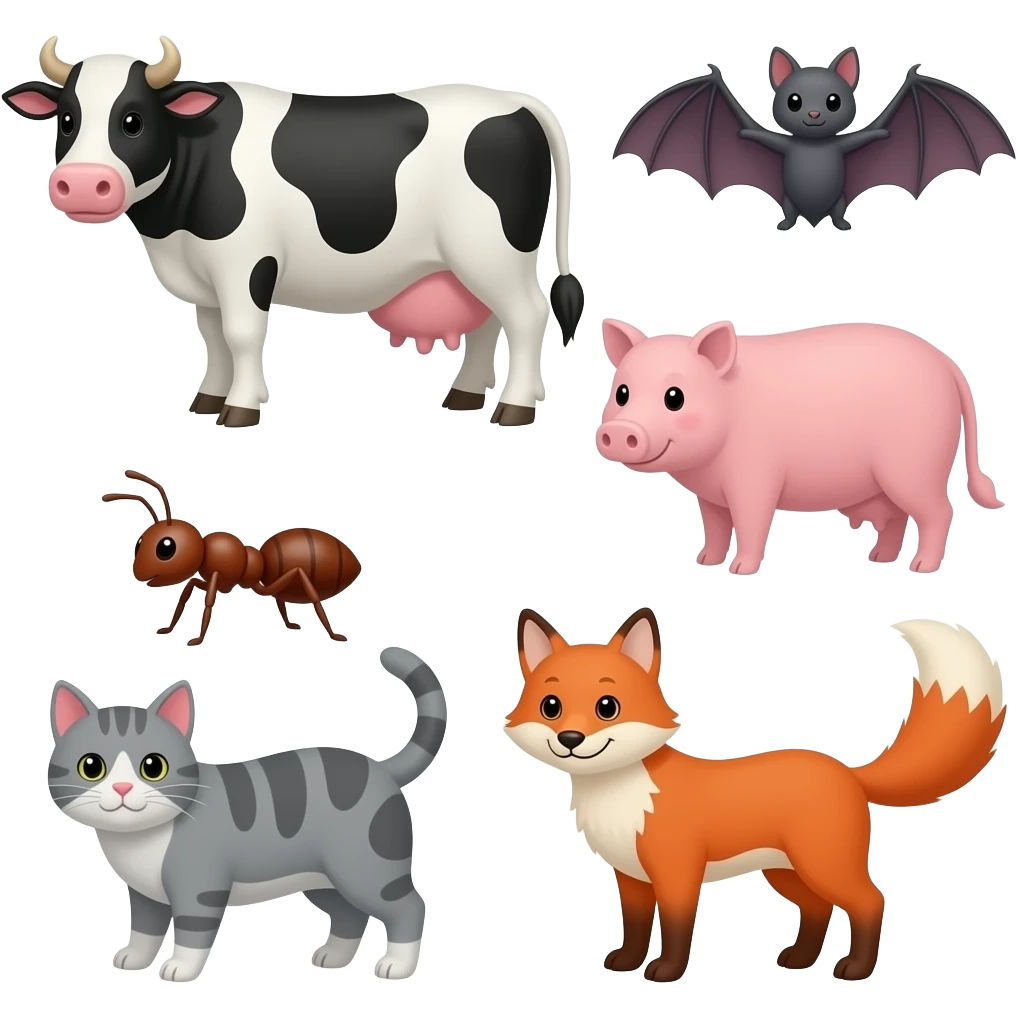 Spell it out: Cow, pig, bat, ant, cat, fox, emoji
