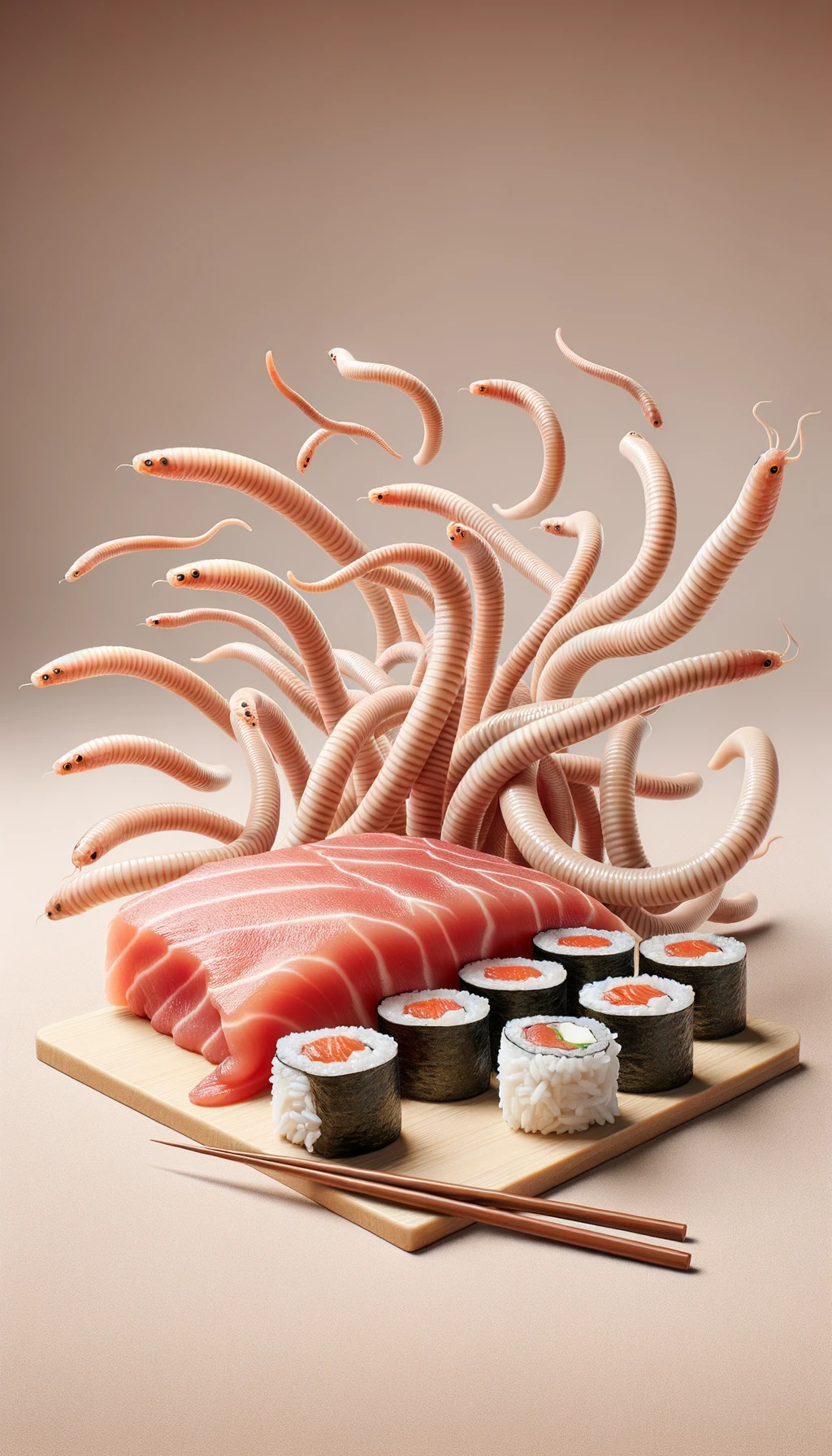 carne cruda fluttua insieme a sushi, intorno a loro fluttuano vermi lunghi e beige chiaro, sfondo neutro chiaro, iperrealistico 4k emoji