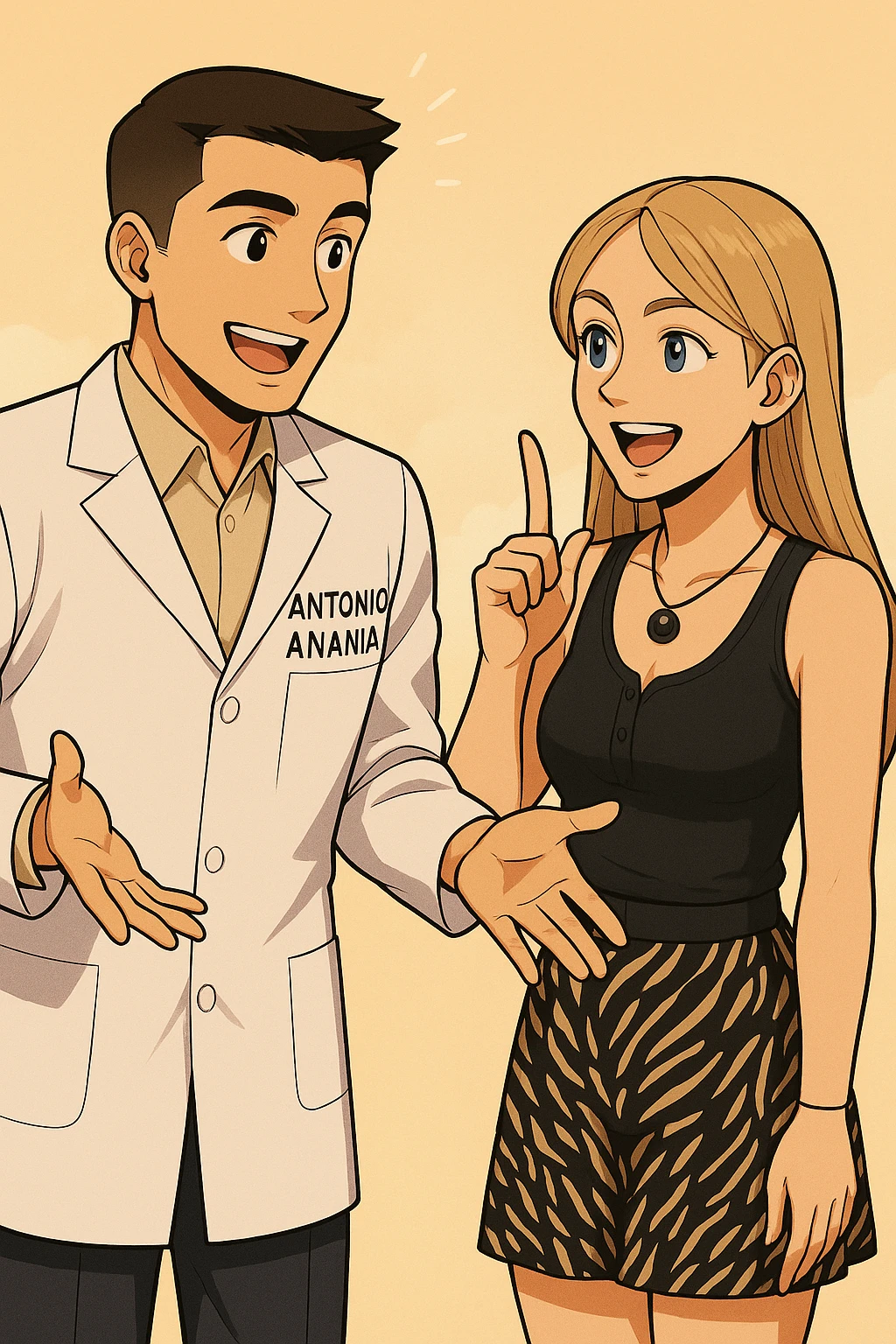 fai un webtoon/manga a colori con questo kinesiologo in camice bianco (fagli la scritta "ANTONIO ANANIA" SUL CAMICE) CHE PARLA CON QUESTA RAGAZZA CON GLI OCCHI AZZURRI. la ragazza lo guarda entusiasta con un indice alzato, IL KINESIOLOGO ha un espressione felice e la aspetta a braccia aperte. NON FARE I FUMETTI, FAI SOLO LORO COME SE DIALOGASSERO emoji