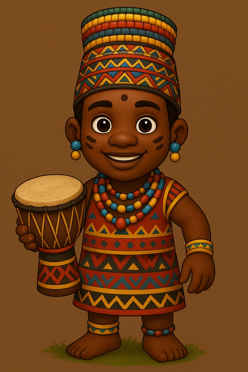 Create the same character as in the reference image but dressed in traditional African tribal attire, holding a drum, with a friendly expression, full body view. Maintain the character's original style and features. emoji