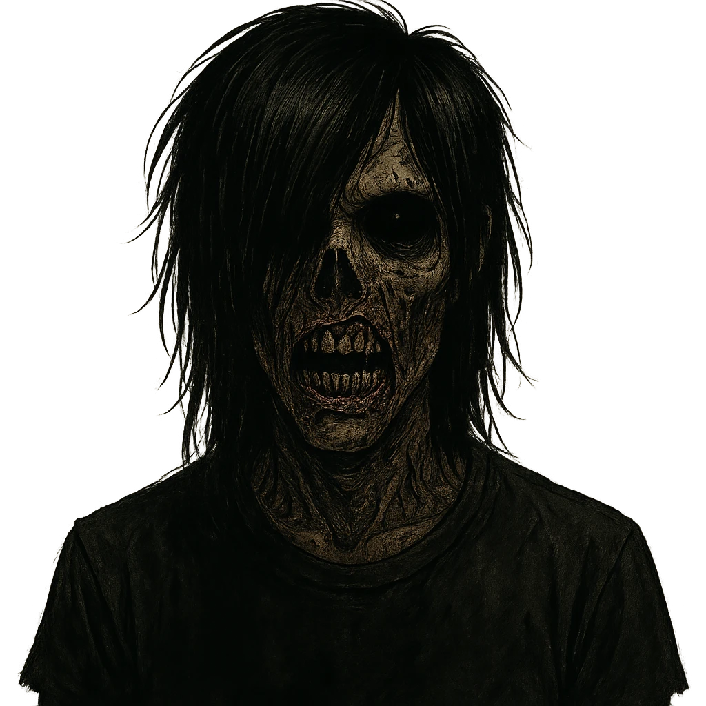 scary emo boy zombie, black long hair, black eyes, dark skin, horror style emoji