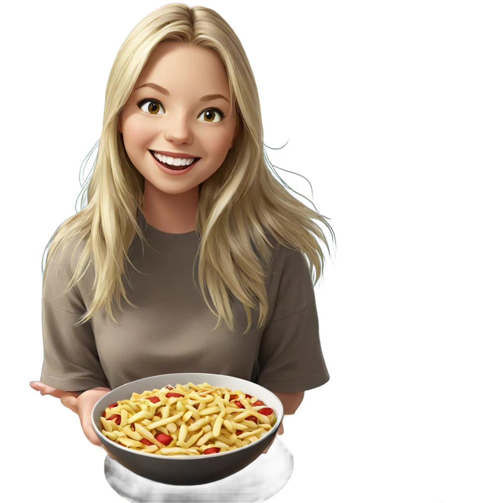 blonde girl smiling with food emoji