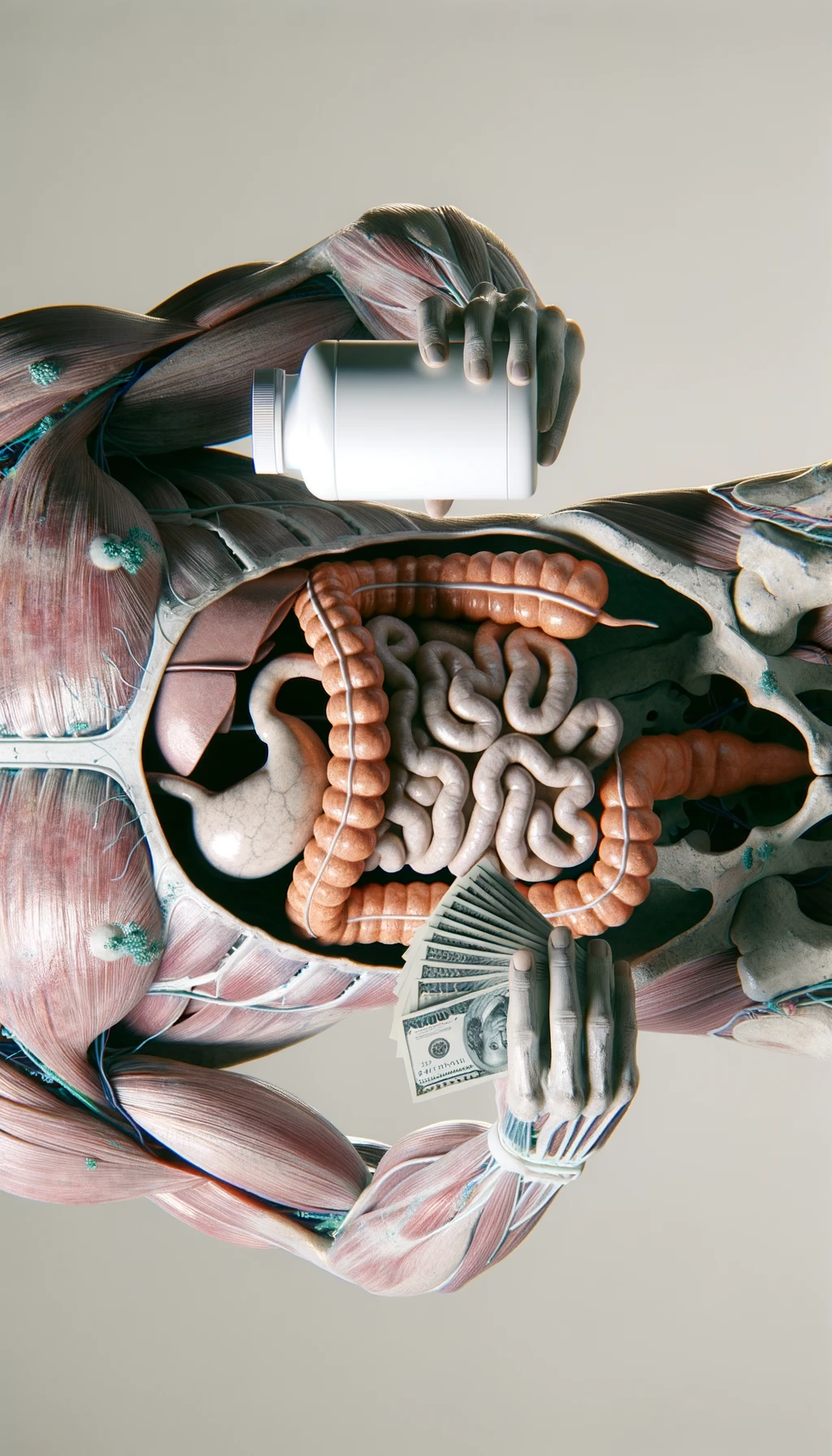 corpo umano anatomico con intestino umano anatomico realistico in evidenza che tiene nella mano destra una boccetta di integratore e nella mano sinistra delle banconote, sfondo neutro chiaro, iperrealistico 4k emoji