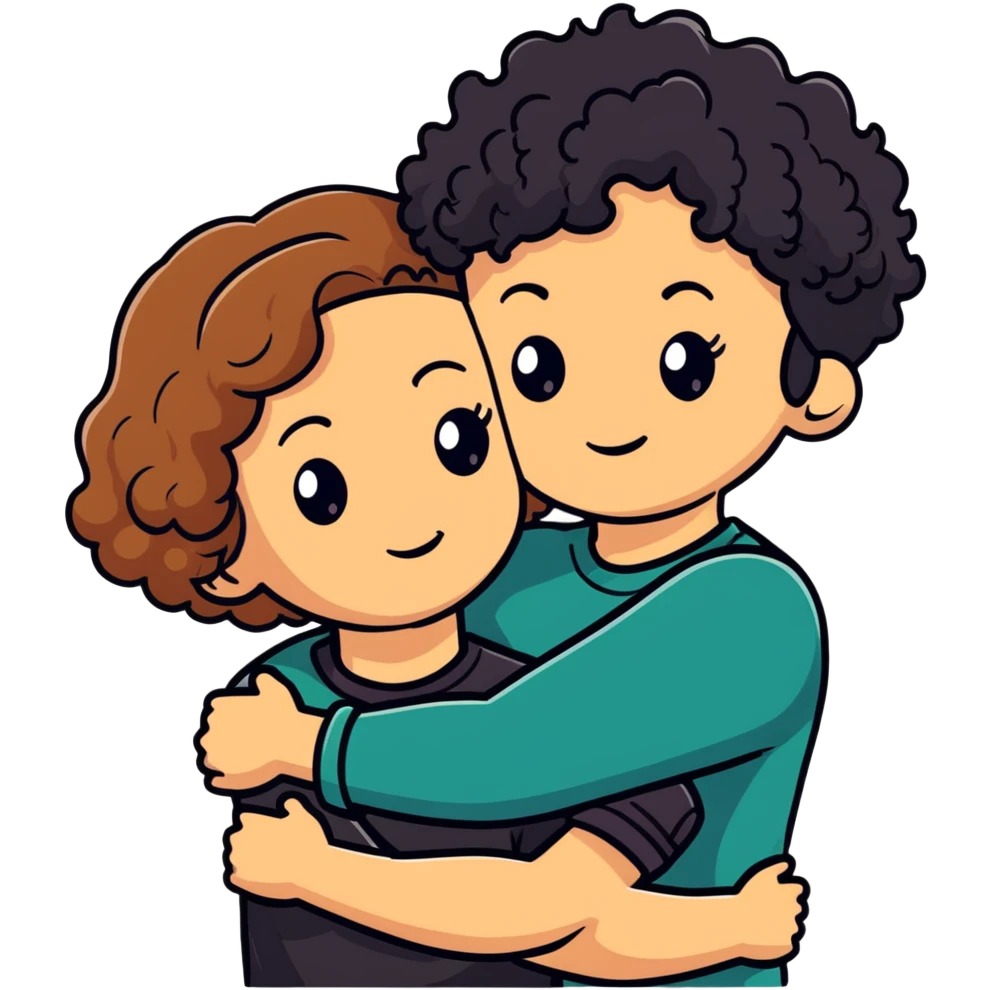girl with long light brown hair and pale skin hugging a boy with short black curly hair and tanned skin emoji