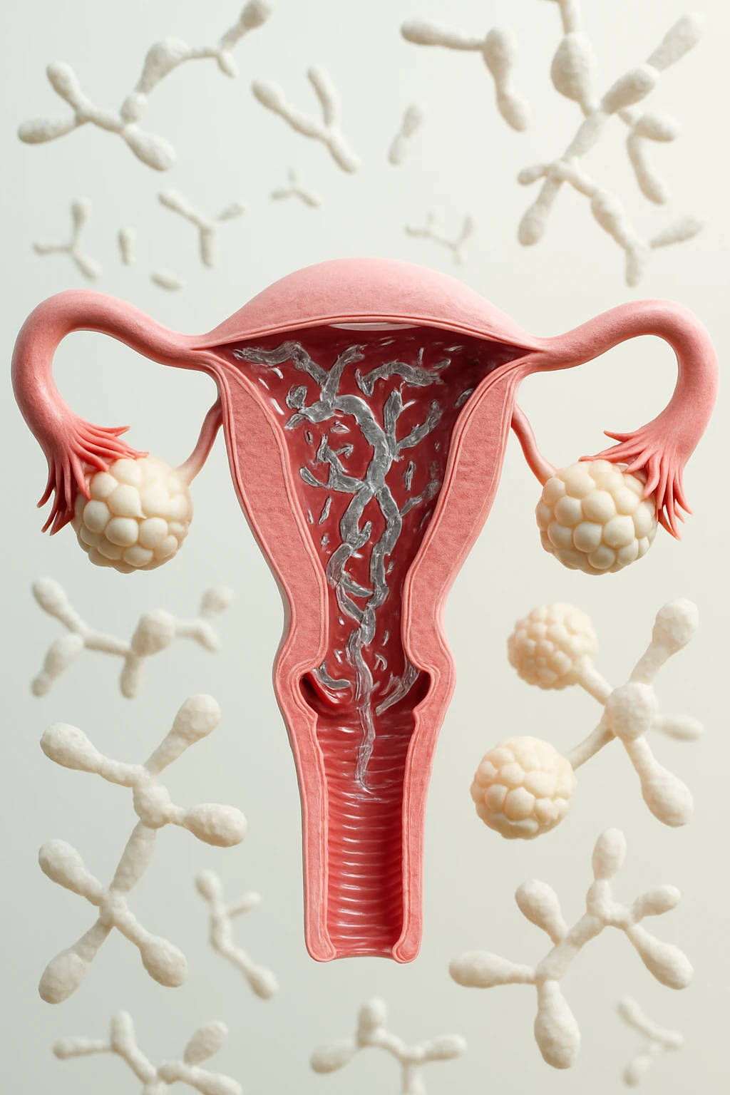 utero umano realistico con batteri della candida intorno, la foto si deve vedere per intero in formato verticale, sullo sfondo neutro chiaro ci sono batteri della candida, iperrealistico 4k emoji