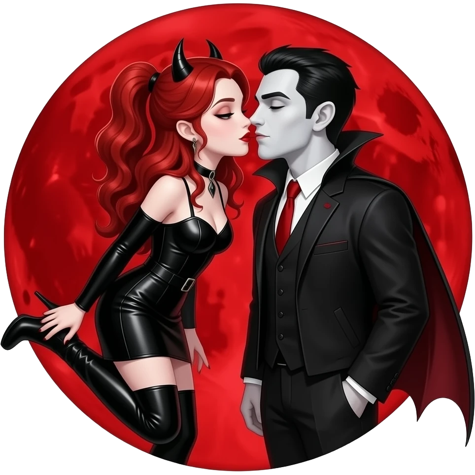 Vampiro femmina adolescente con pelle bianca e capelli rosso ondulati lunghi raccolti in una mezza coda che indossa un vestito stretto in vita e LUNGO sotto con maniche lunghe nero e stivali lunghi con tacco neriche sta baciando il suo ragazzo VAMPIRO dietro la luna rossa emoji