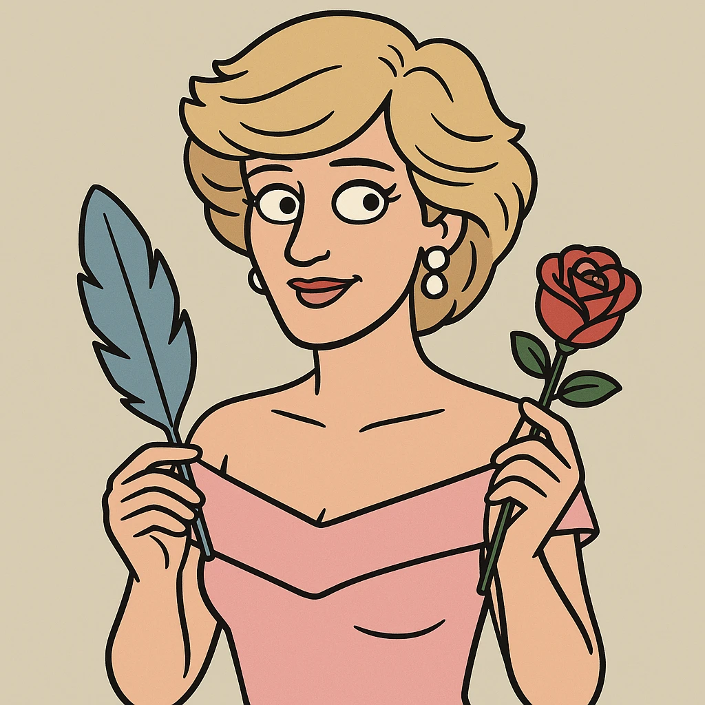 Princess Diana pink dress a red rose a holding blue feather  emoji