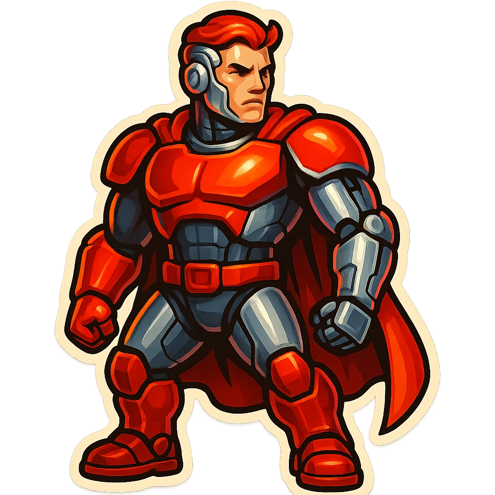 Scarlet Duke from the future, retro sticker style, cybernetic enhancements, red and silver colors, heroic stance, sticker border emoji